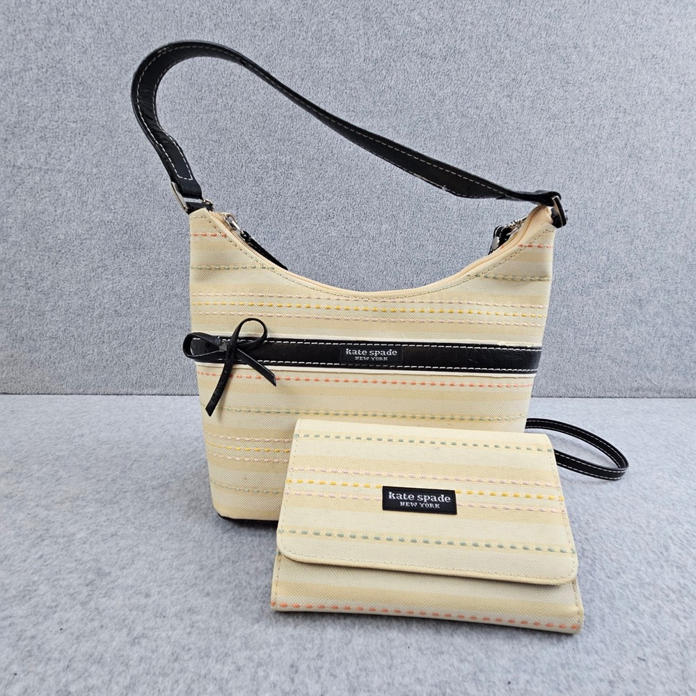 KATE SPADE Shoulder Bag Women S Cream Stripe Bow Canvas Wallet Set Y2K Preppy